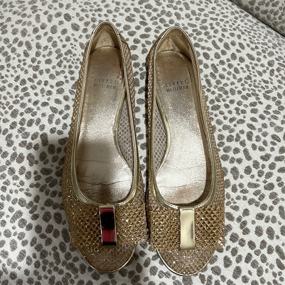 Lightly worn Stuart Weizmann Gold mesh ballet flats